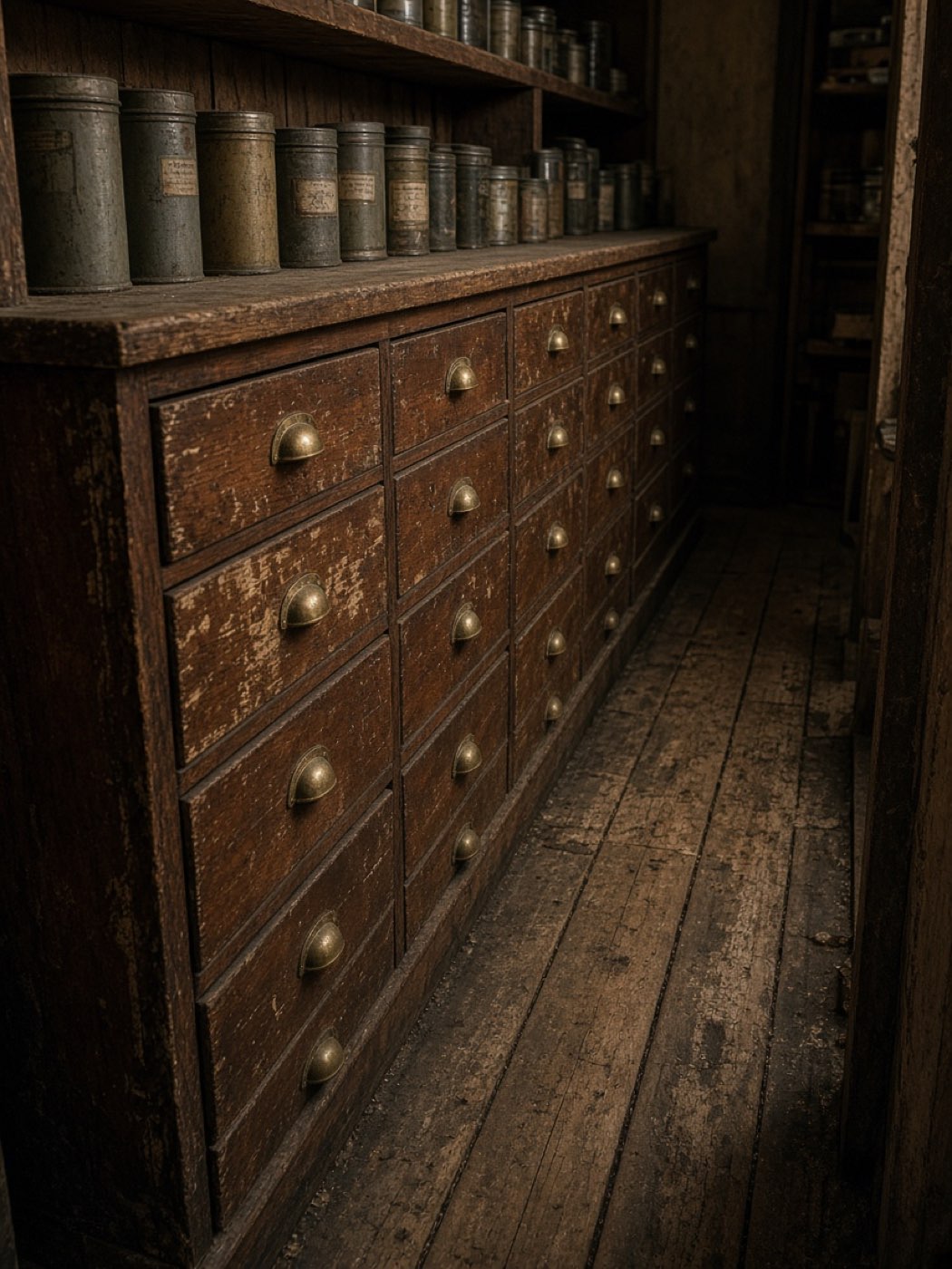 The aisle of drawers at the back of the shop