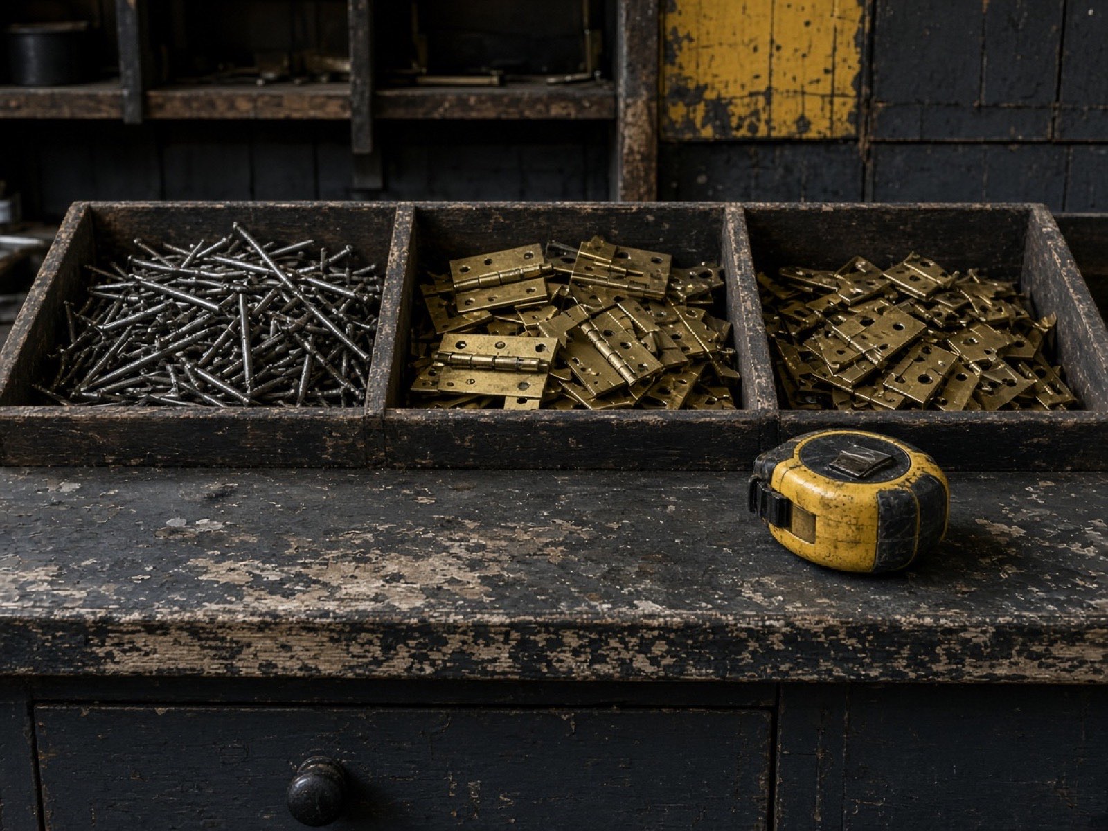 Bins of nails and hinges on the counter