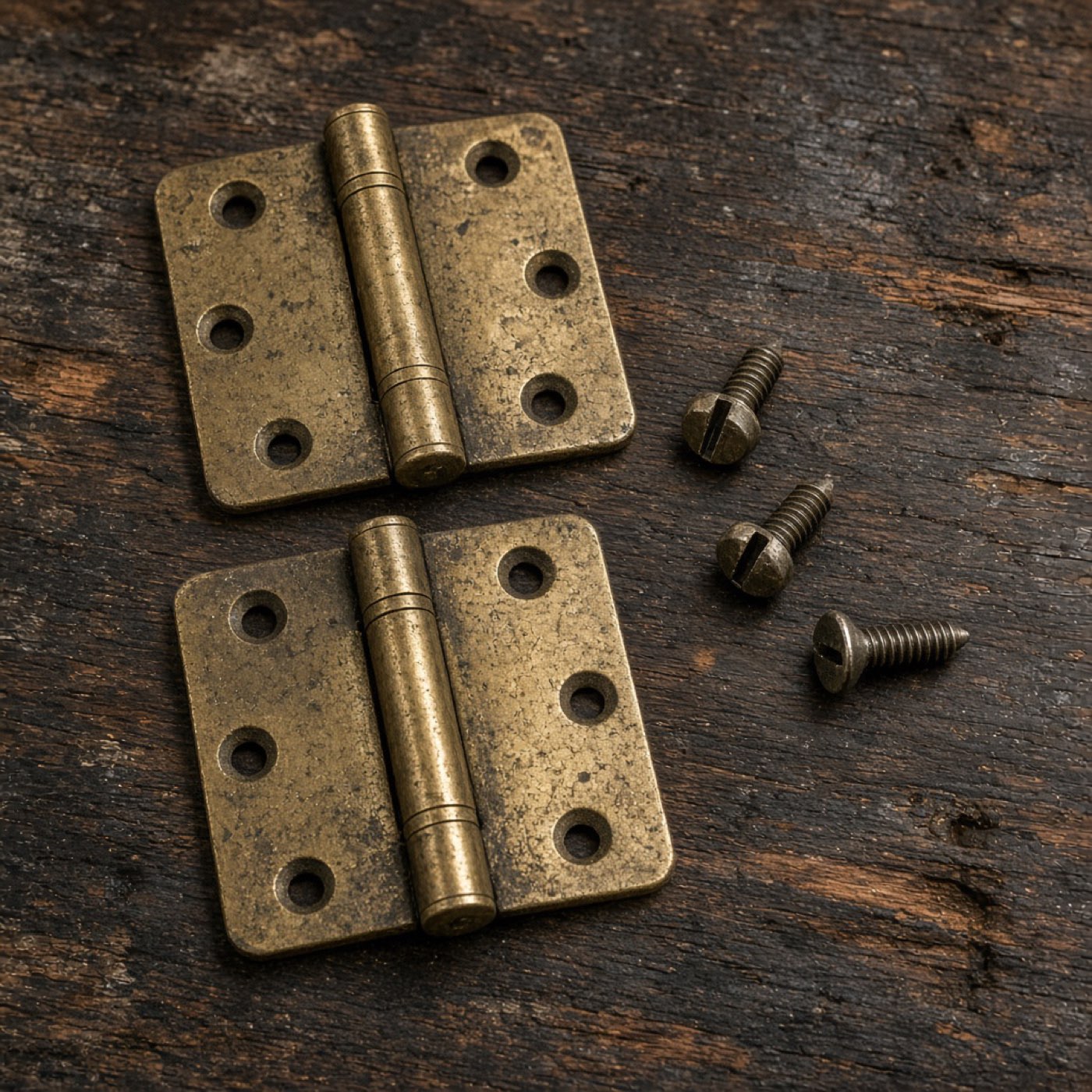 A pair of brass hinges on the counter